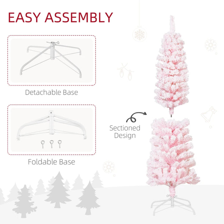 5ft 390-Tip Unlit Snow Flocked Slim Artificial Pencil Christmas Holiday Fake Xmas Tree, Pink