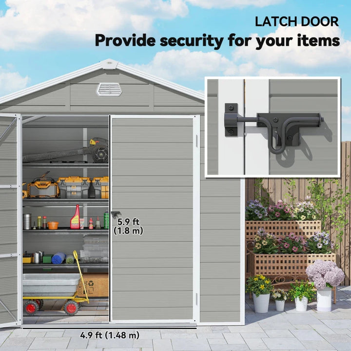 8' x 6' Plastic Garden Storage Shed with Latch Door, Vents, and Sloped Roof - Durable Weatherproof Outdoor Storage