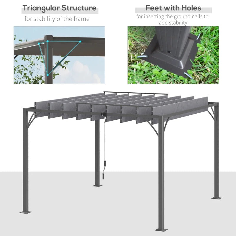 9.5' x 9.7' Louvered Aluminum Steel Patio Pergola Gazebo Canopy, Adjustable Fabric Roof, Grey