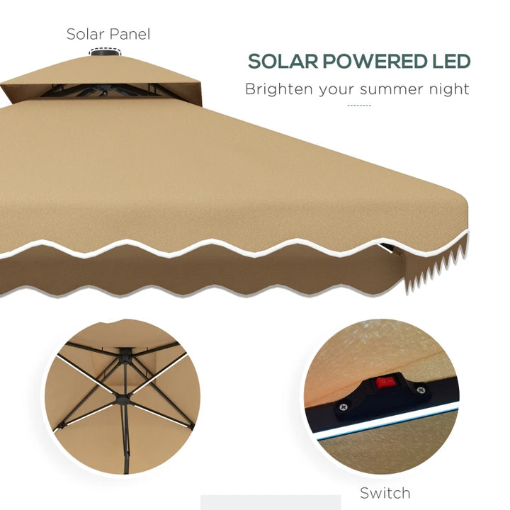 8ft Square Offset LED Umbrella Canopy w Solar Light, Weights, Base, Outdoor Patio, Khaki Brown