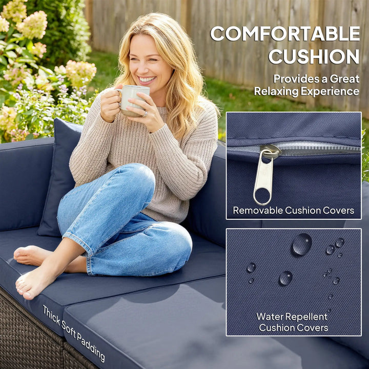 7pc PE Rattan Wicker Sectional Conversation Furniture Set w/ Cushions Outdoor Patio - Dark Navy Blue