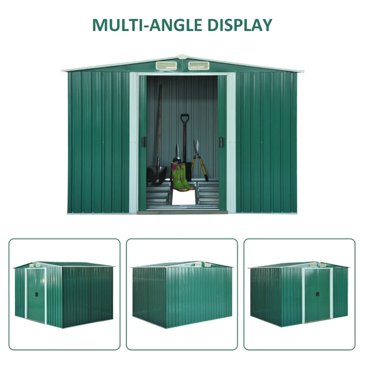8.5’ x 6.8’ x 5.8' Outdoor Metal Storage Shed w Double Doors, Foundation, Vents - Green