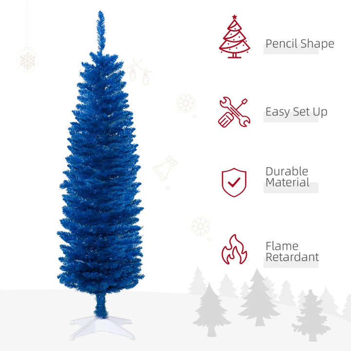 NEW 5ft 250-Tip Unlit Slim Pencil Artificial Christmas Holiday Tree w Base, Xmas Decor, Deep Blue