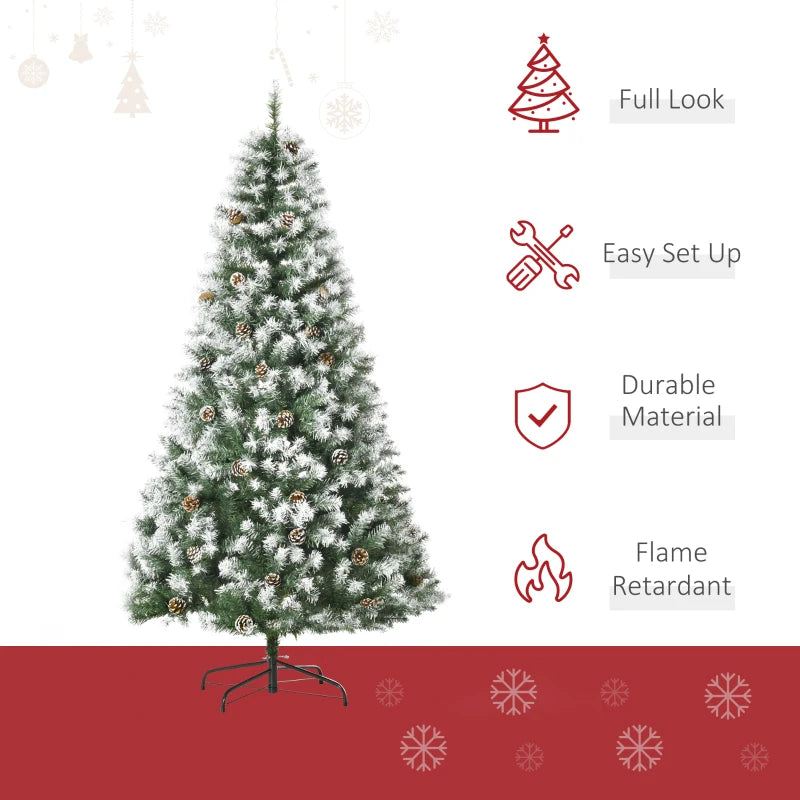 NEW 6ft 800-Tip Unlit Snow Flocked Full Artificial Christmas Holiday Xmas Tree w Pinecones, Green