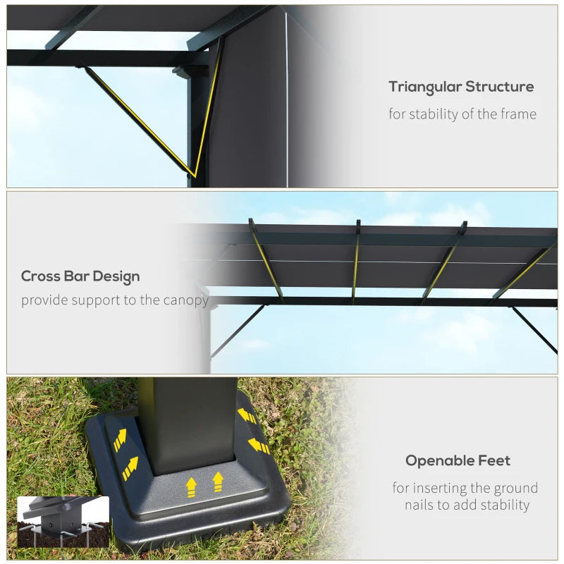 10' x 10' Steel Pergola Gazebo Shelter w Retractable Fabric Roof for Outdoor Deck Patio, Grey