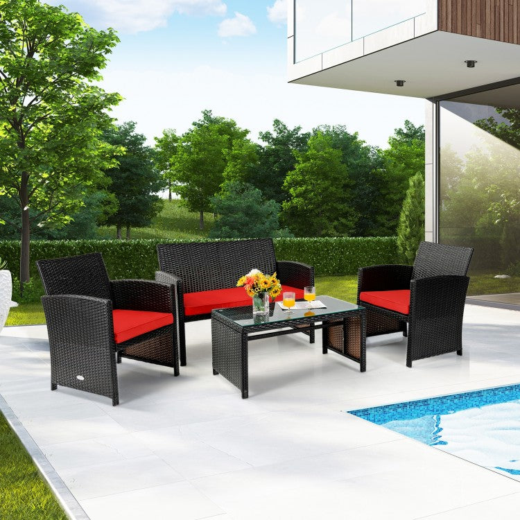 4pc Rattan Wicker Conversation Furniture Loveseat Set w Cushions for Outdoor Patio, Brown, Red