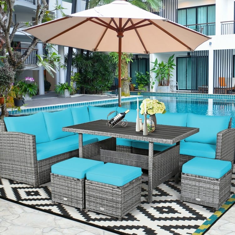 7pc L-Shape Rattan Wicker Dining Set Outdoor Patio Sectional w Table Cushions Ottomans, Turquoise