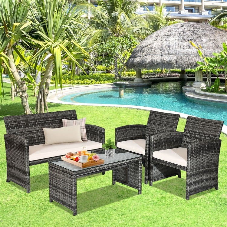 4pc Rattan Wicker Conversation Furniture Loveseat Set w Cushions Outdoor Patio, Grey, Cream White