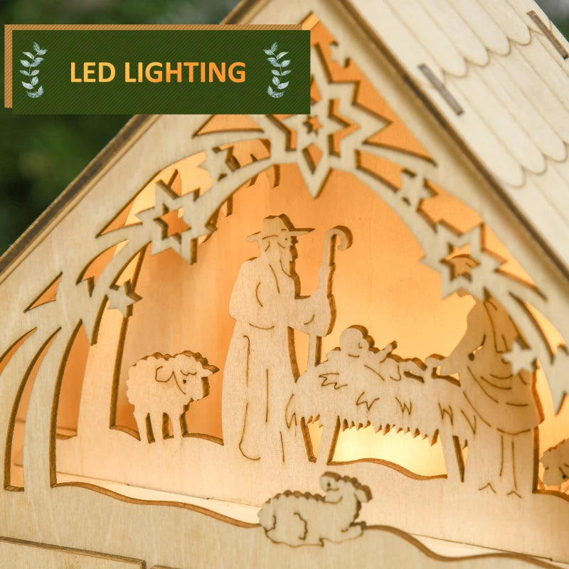 Light-Up Wooden Christmas Advent Calendar w 24 Drawers Holiday Xmas, Bible Nativity Manger Baby
