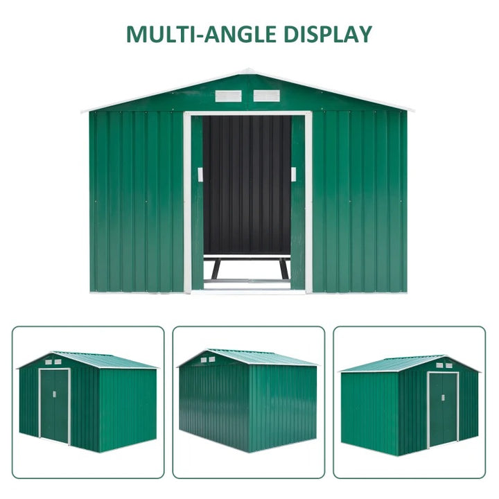 9’ x 6’ x 6’ Outdoor Metal Storage Shed Organizer w/ Foundation for Patio Backyard - Green