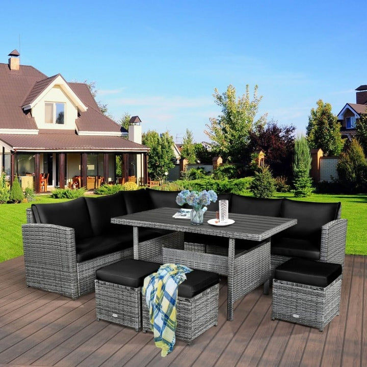 7pc L-Shape Rattan Wicker Dining Set Outdoor Patio Sectional w Table Cushions Ottomans, Black