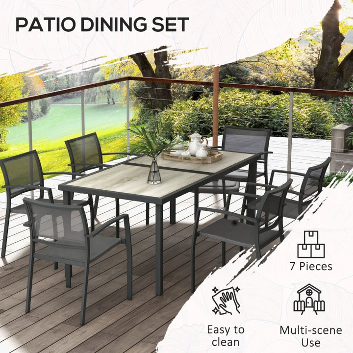 7pc, 6 Seat Outdoor Patio Dining Set w Wood Grain Table Mesh Stackable Chairs - Black, Grey