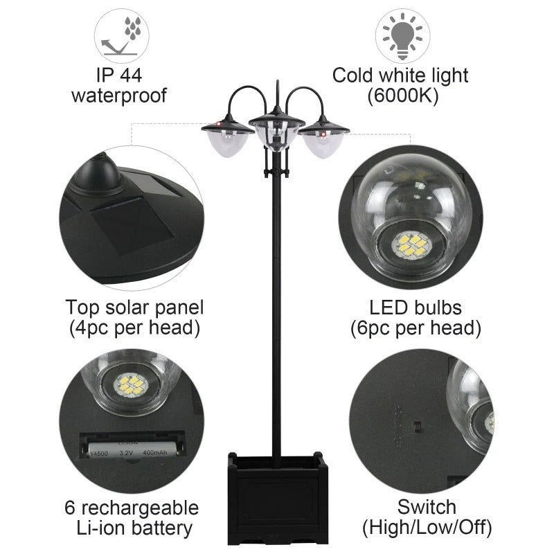 74” 3-Head Solar LED Automatic Outdoor Torch Light Street Lamp Post w Flowerbed Planter, Black