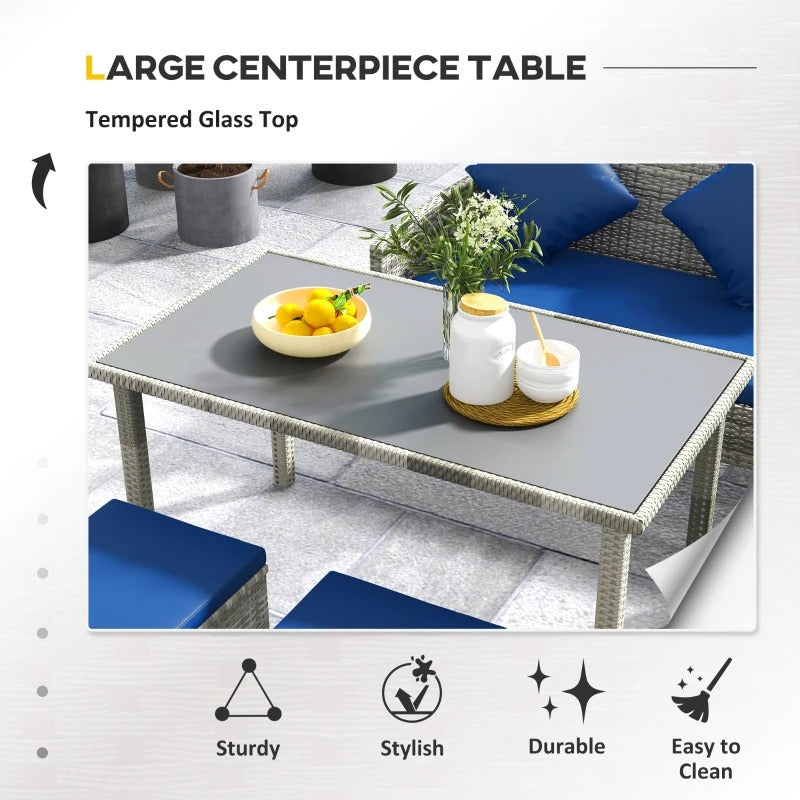 5pc L Shape PE Rattan Wicker Galv Steel Dining Table Set w Cushions Patio Deck, Grey, Navy Blue