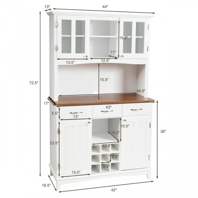 Classic Kitchen Dining Pantry Hutch Storage Cabinet w Wine Rack, Shelves, Counter, White, Woodgrain