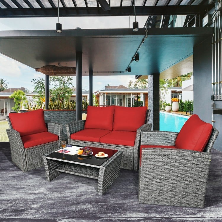 4pc PE Rattan Wicker Furniture Set w Loveseat, Armchairs, Cushions for Outdoor Patio, Grey, Red