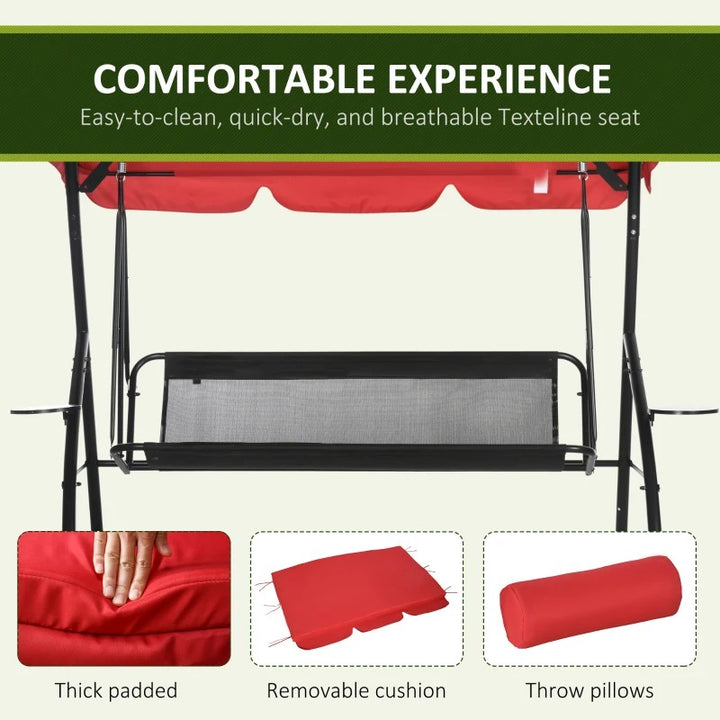 Outdoor 3 Seater Garden Swing / Flat Daybed w Canopy Shade, Cushions for Garden Deck Porch, Red