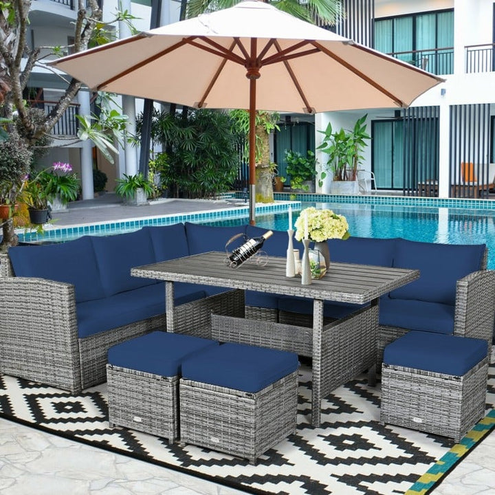 7pc L-Shape Rattan Wicker Dining Set Outdoor Patio Sectional w Table Cushions Ottomans, Navy Blue