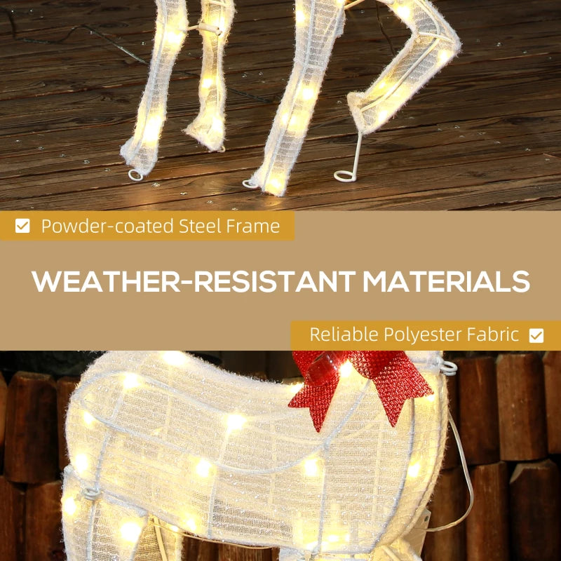 2ft Cute Outdoor Holiday Christmas Light-Up Lawn Decoration Steel, 61 Lights, White Reindeer