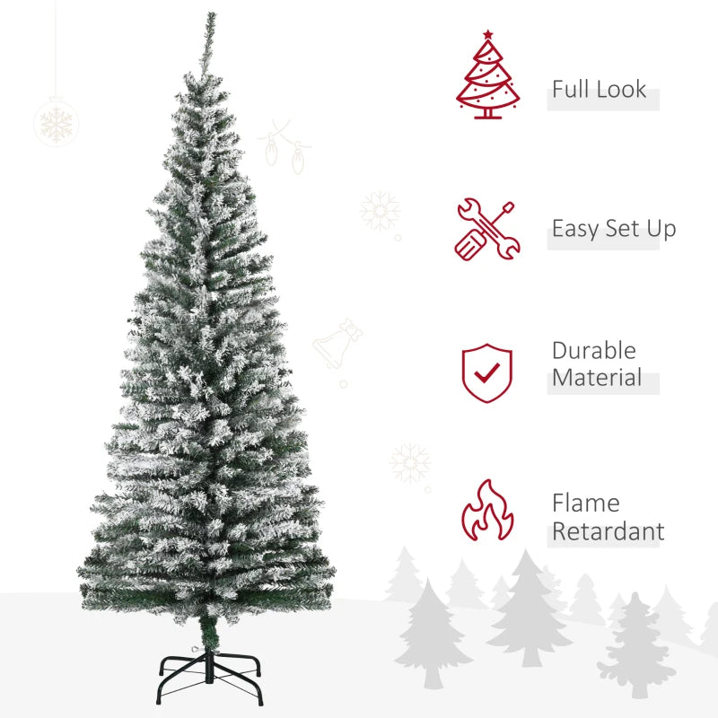 NEW 6ft 492-Tip Unlit Snow Flocked Slim Artificial Pencil Christmas Holiday Fake Xmas Tree, Green