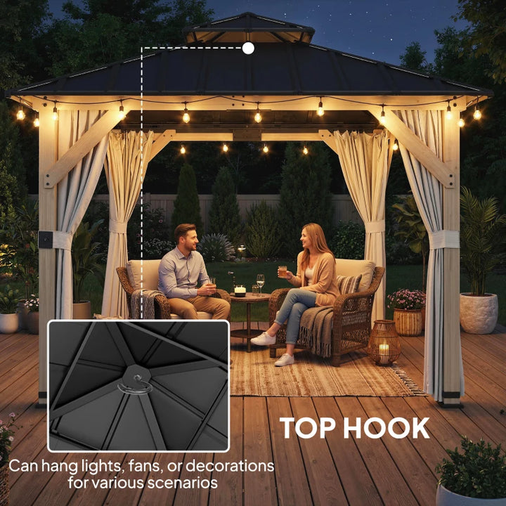 10' x 10' Outdoor Hardtop Gazebo with Double Steel Roof and Curtains - Durable Weather-Resistant Patio Shelter