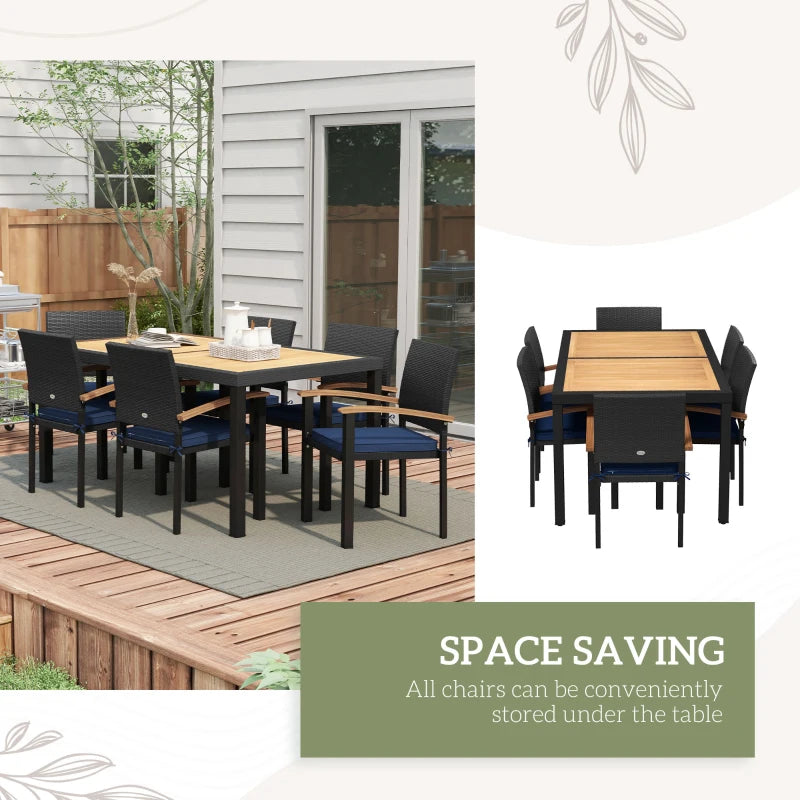 7pc, 6-Seat Patio Dining Set w Acacia Wood Tabletop, Rattan Arm Chairs, Cushions Outdoor, Black