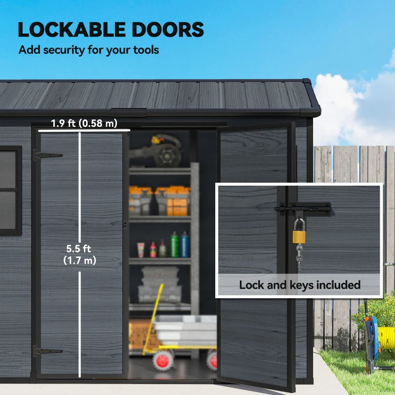 Resin Garden Shed Wood-Effect Outdoor Storage with Floor and Lockable Doors - Spacious Weather-Resistant Storage
