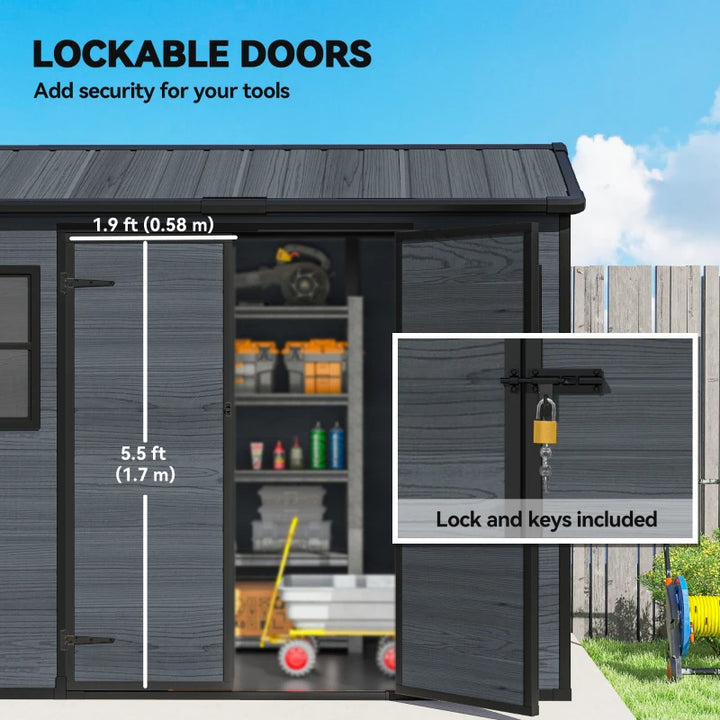 Resin Garden Shed Wood-Effect Outdoor Storage with Floor and Lockable Doors - Spacious Weather-Resistant Storage