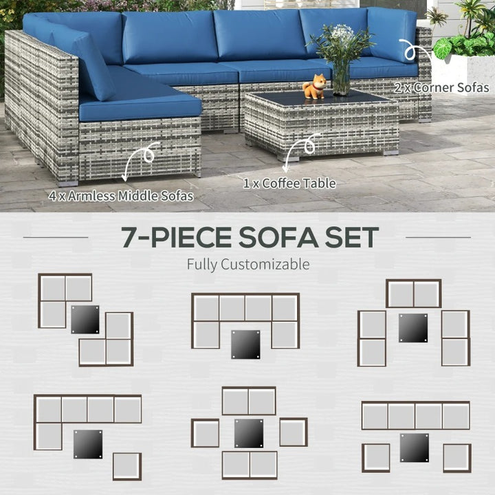 7pc PE Rattan Wicker Sectional Conversation Furniture Set w Cushions Outdoor Patio - Blue & Grey