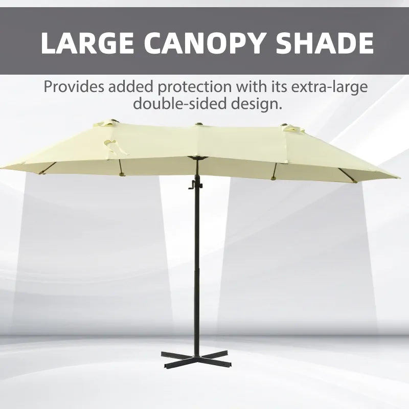 15ft Tilting Offset Cantilever Double Twin Canopy Patio Deck Umbrella w Cross Base Stand, Beige