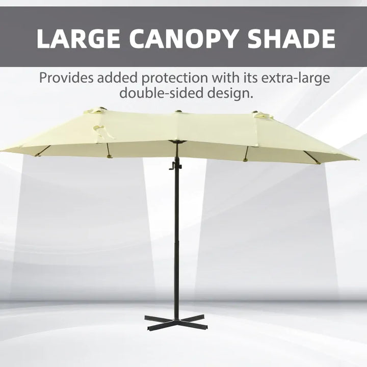 15ft Tilting Offset Cantilever Double Twin Canopy Patio Deck Umbrella w Cross Base Stand, Beige