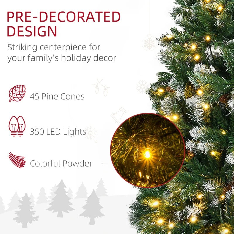 7.5ft 1051-Tip Pre-lit Realistic Artificial Christmas Xmas Tree, Pine Cones 350 LEDs Snow Green