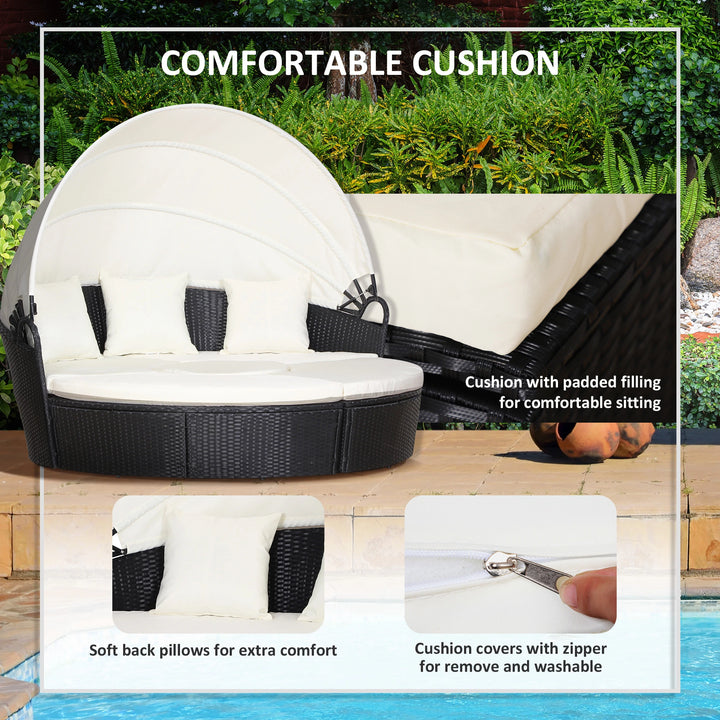 4pc PE Rattan Wicker Round Canopy Daybed Lounge Outdoor Patio Sofa w Cushions, Black, Cream White