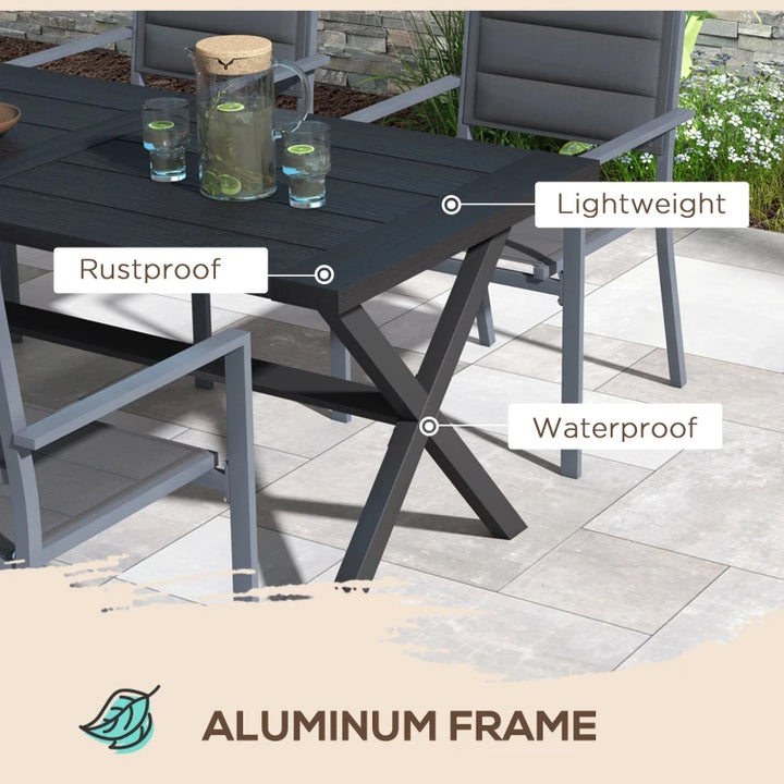 71" x 31.5" Sleek Outdoor Patio Dining Table w X-Base, Aluminum, Woodgrain Effect, Black