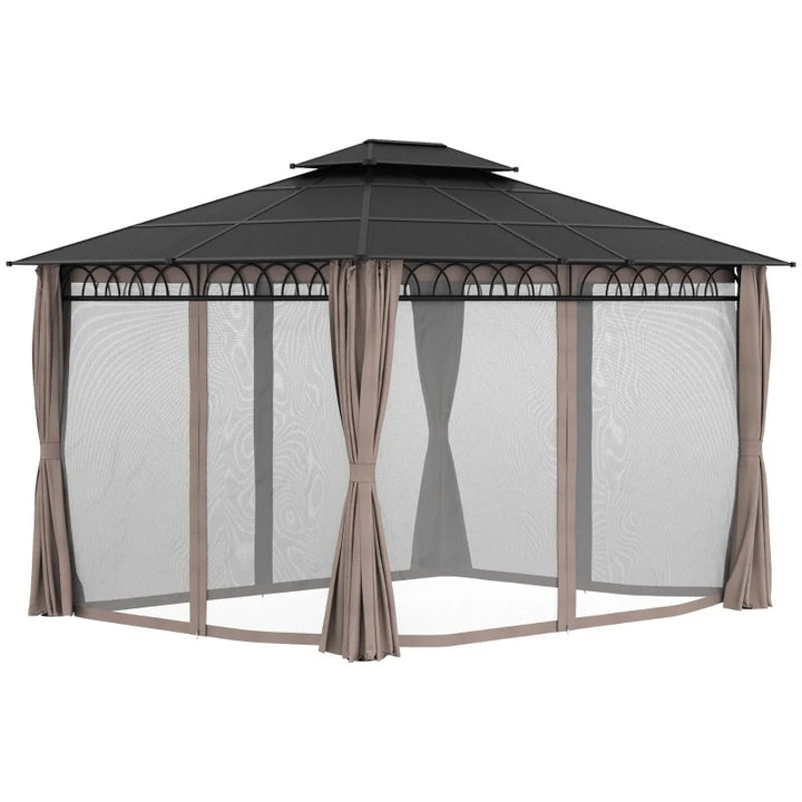 12' x 10' Tiered PC Hardtop Aluminum Frame Gazebo Canopy Shelter w Curtains, Mesh, Black, Beige