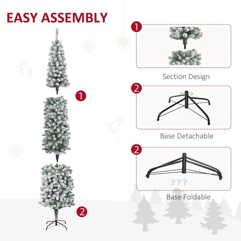 NEW 7.5ft 738-Tip Unlit Snow Flocked Slim Artificial Pencil Christmas Holiday Xmas Tree, Green