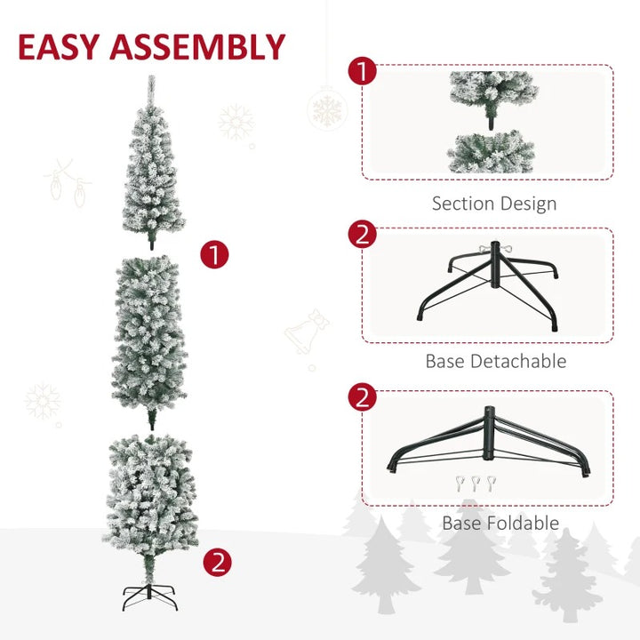 NEW 7.5ft 738-Tip Unlit Snow Flocked Slim Artificial Pencil Christmas Holiday Xmas Tree, Green