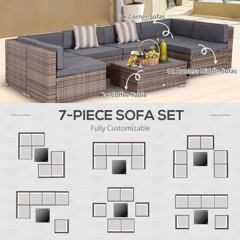 7pc PE Rattan Wicker Sectional Conversation Furniture Set w Cushions Outdoor Patio - Mixed Grey