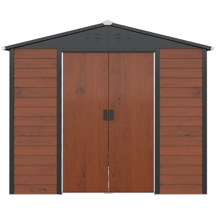 8’ x 7’ x 6.5’ Outdoor Metal Storage Shed Tool Organizer for Patio Yard, Teak Woodgrain Brown