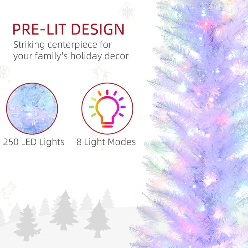 7ft Pre-lit Ultra Slim Pencil Christmas Holiday Tree w 250 Multicolour Lights, Iridescent White