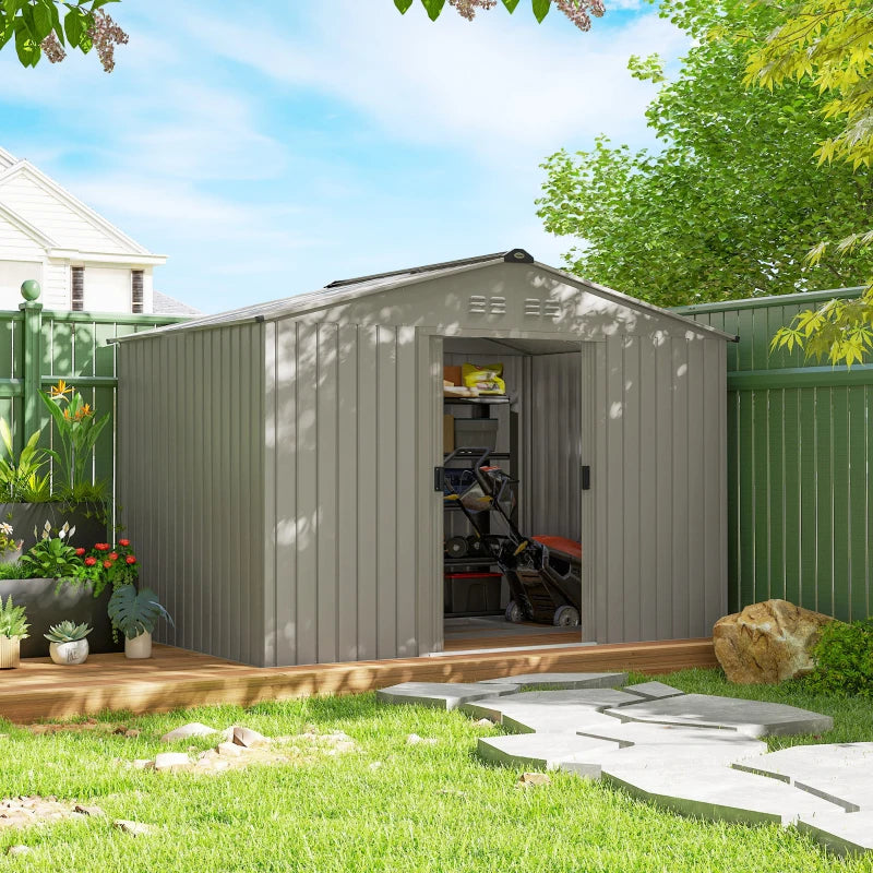 9.1' x 6.4' Metal Garden Storage Shed with Double Sliding Doors - Durable Outdoor Tool Storage
