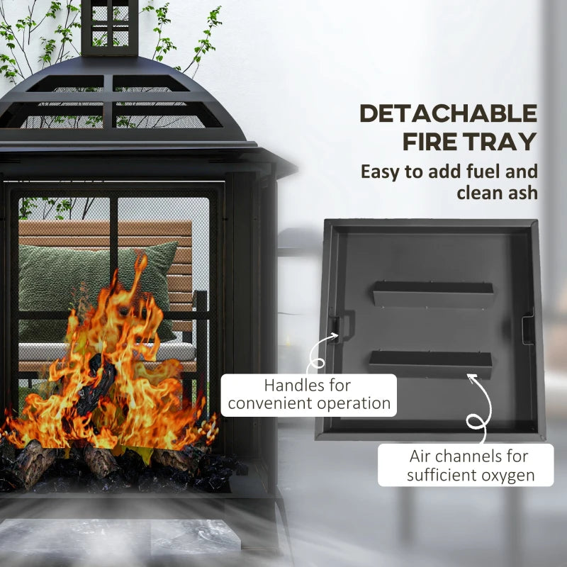 28” Square Wood Burning Fire Pit w/ Chimney Spark Guard, Cover, Ash Tray, Poker - Black