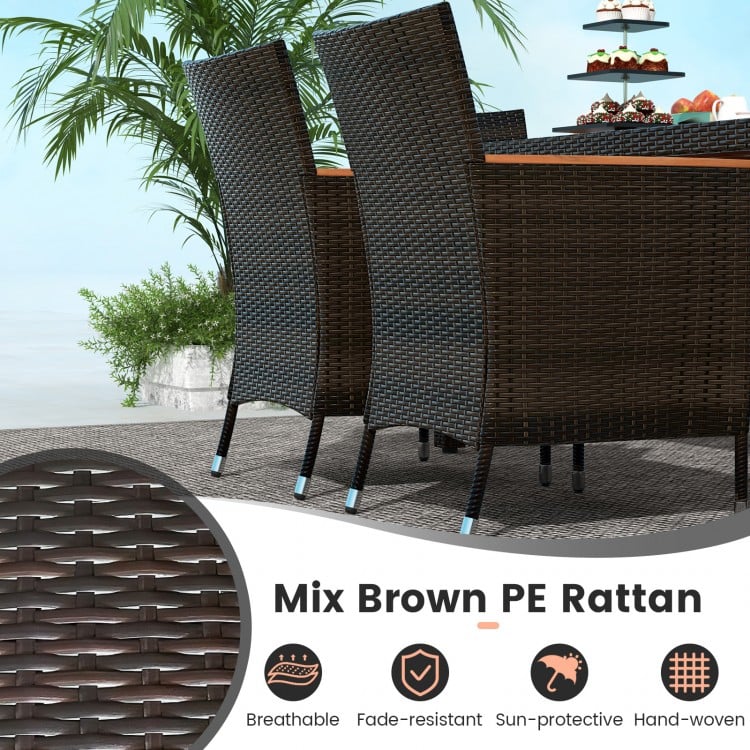 7pc PE Rattan Wicker Dining Set w 6 Armchairs, Acacia Wood Top, Umbrella Hole, Outdoor Patio, Brown