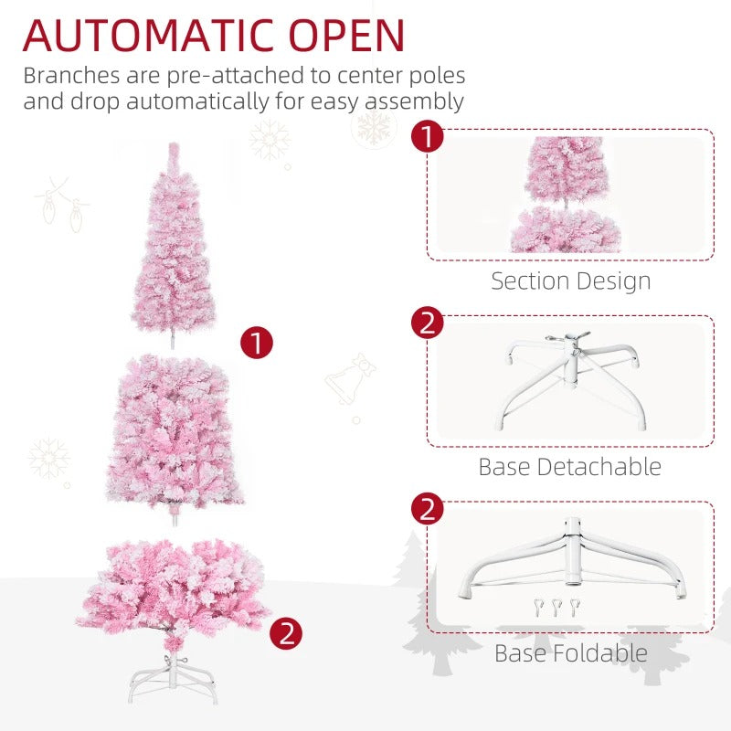 6ft 520-Tip Slim Snow Flocked Unlit Artificial Pencil Christmas Holiday Tree, Base Xmas, Pink