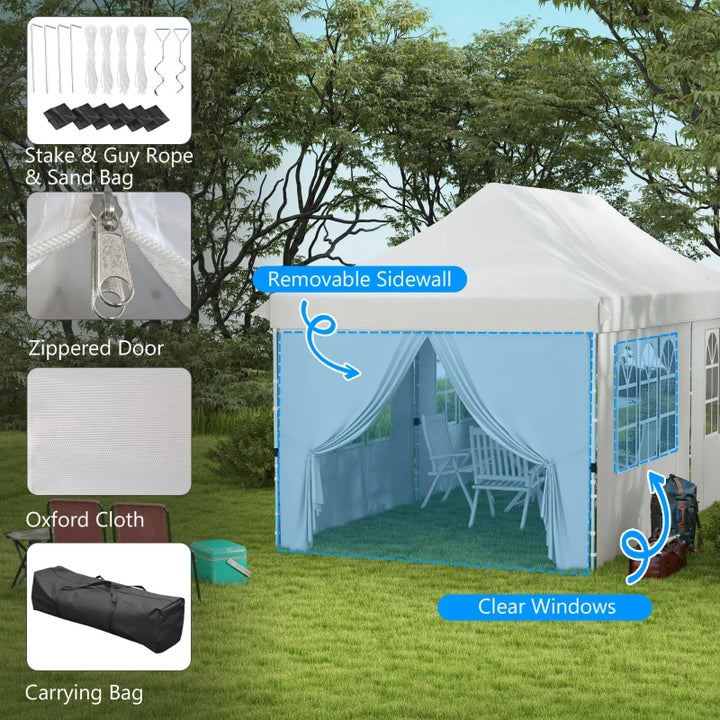 20’ x 10’ Pop-Up Portable Event Party Wedding Tent Gazebo Canopy w Case Sand Bags Walls, White