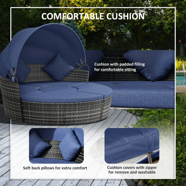 4pc Rattan Wicker Round Canopy Daybed Lounge Outdoor Patio Sofa Set w Cushions, Grey, Dk Navy Blue