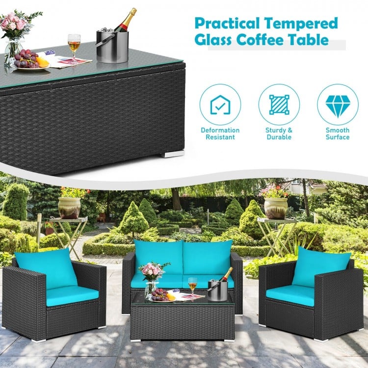 4pc Rattan Wicker Furniture Set w Loveseat Armchairs Cushions Outdoor Patio, Black, Turquoise Blue