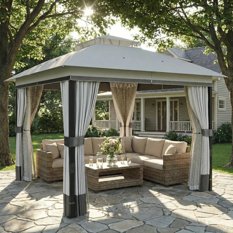 10' x 10' Patio Gazebo Double Roof Canopy with Curtains - Durable Steel Frame Outdoor Shelter