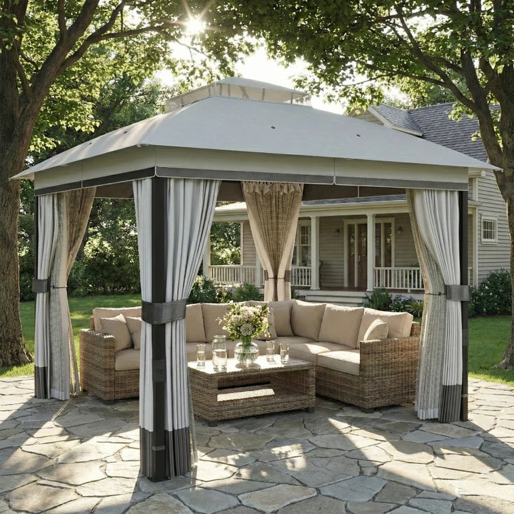 10' x 10' Patio Gazebo Double Roof Canopy with Curtains - Durable Steel Frame Outdoor Shelter