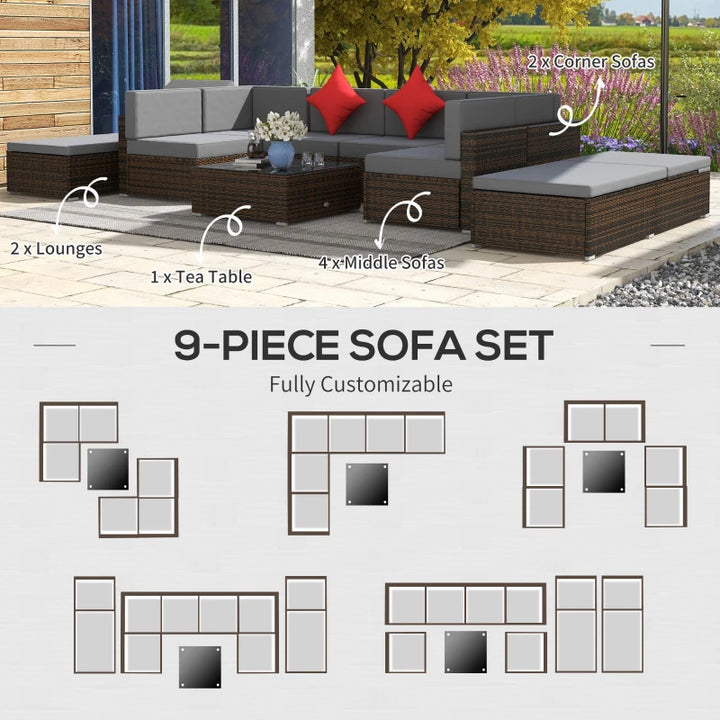 9pc Premium PE Rattan Wicker Sectional Conversation Outdoor Patio Set w 2 Loungers, Grey, Brown